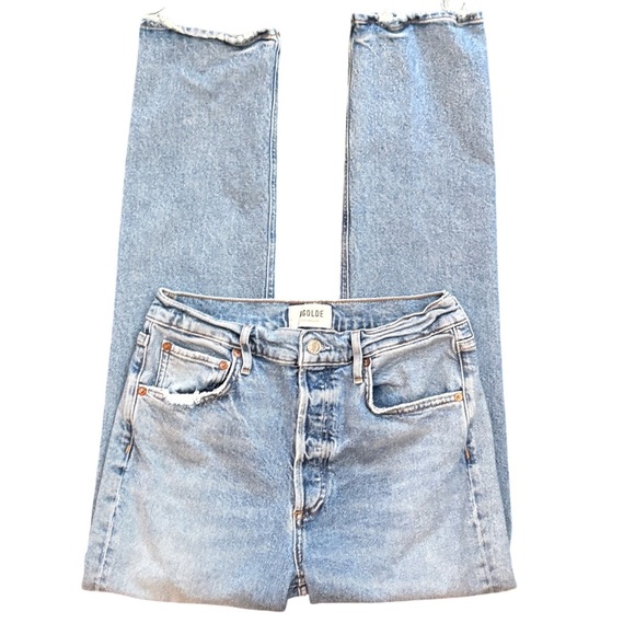 AGOLDE Riley Long High Rise Slim Straight Light Medium Blue Button Fly Size 27 - Picture 6 of 15